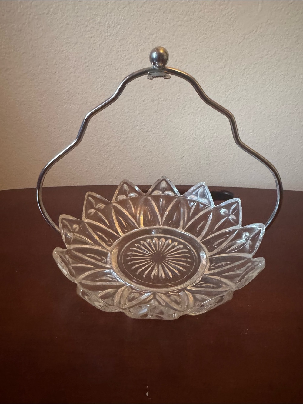 Vintage Condiment Glass Flower Dish with Metal Handle